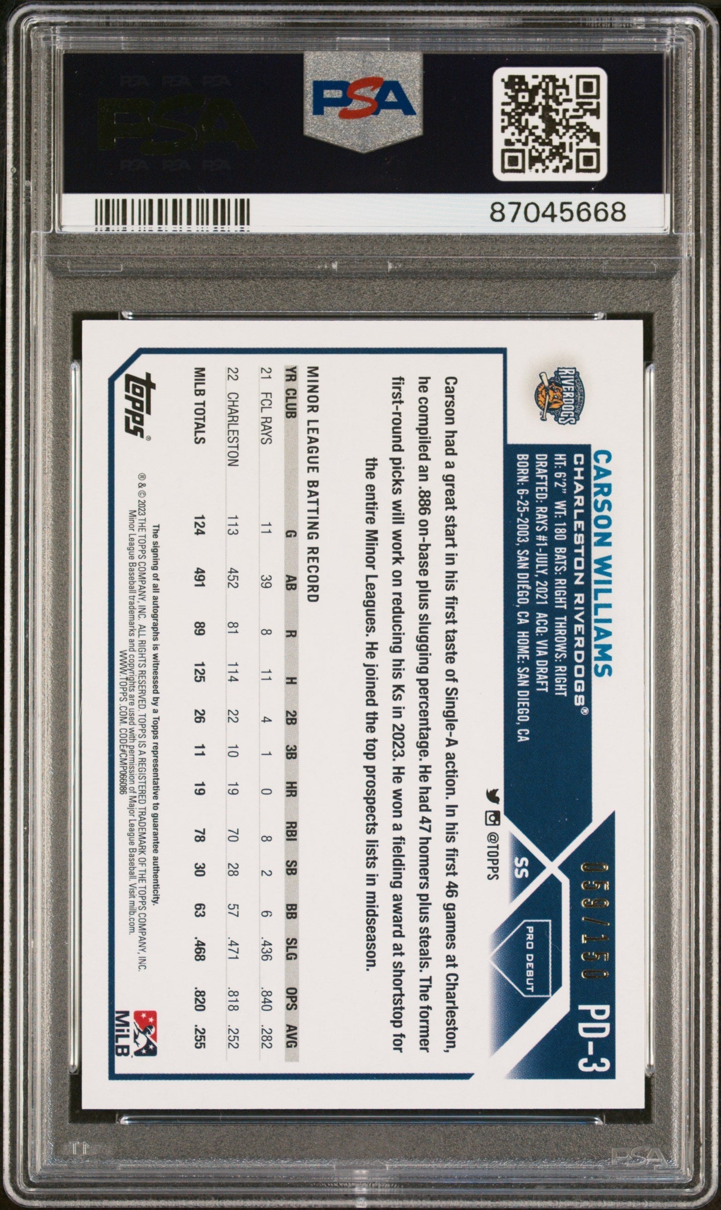 Graded 2023 Topps Pro Debut Carson Williams #PD3 Blue Foil Auto #/150 Rookie RC Baseball Card PSA 10 Gem Mint