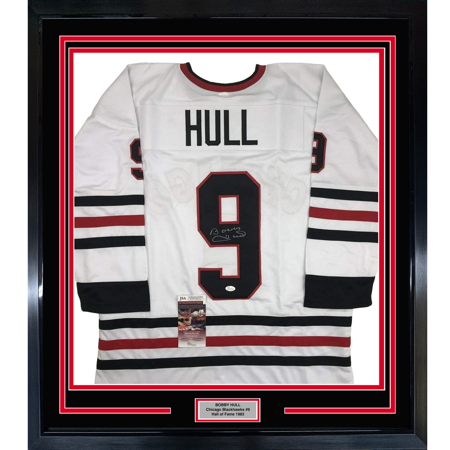 Framed Autographed/Signed Bobby Hull 35x39 Chicago White Hockey Jersey JSA COA