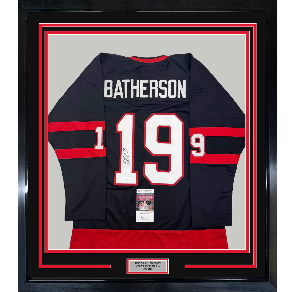Framed Autographed/Signed Drake Batherson 35x39 Ottawa Black Hockey Jersey JSA COA
