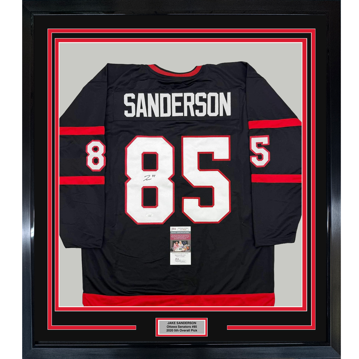 Framed Autographed/Signed Jake Sanderson 35x39 Ottawa Black Hockey Jersey JSA COA