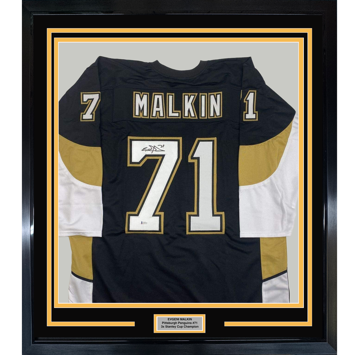 Framed Autographed/Signed Evgeni Malkin 35x39 Pittsburgh Black Hockey Jersey Beckett BAS COA