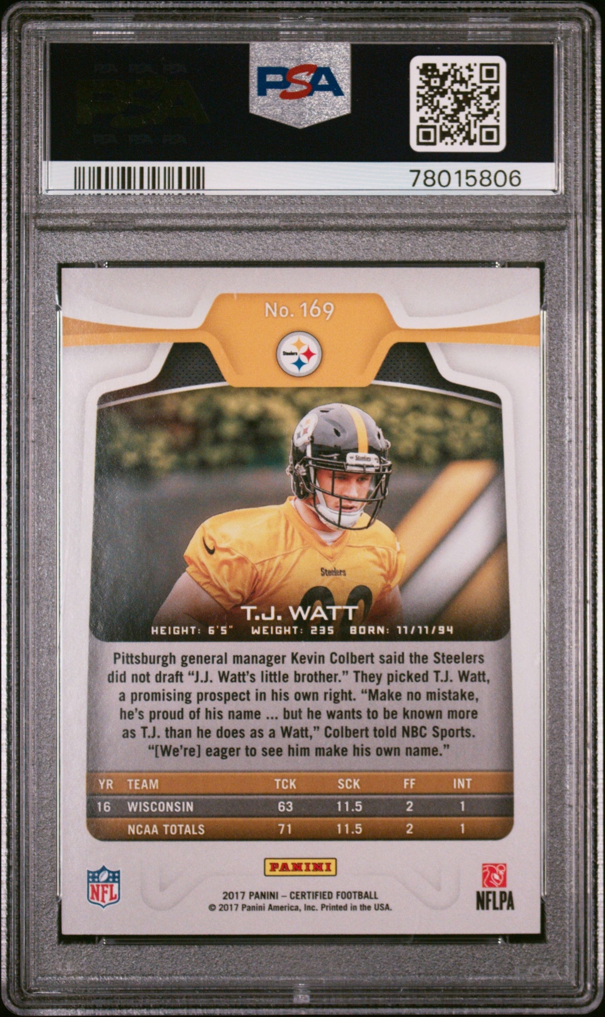 Graded 2017 Panini Certified TJ Watt #169 Mirror #/299 Rookie RC Football Card PSA 10 Gem Mint
