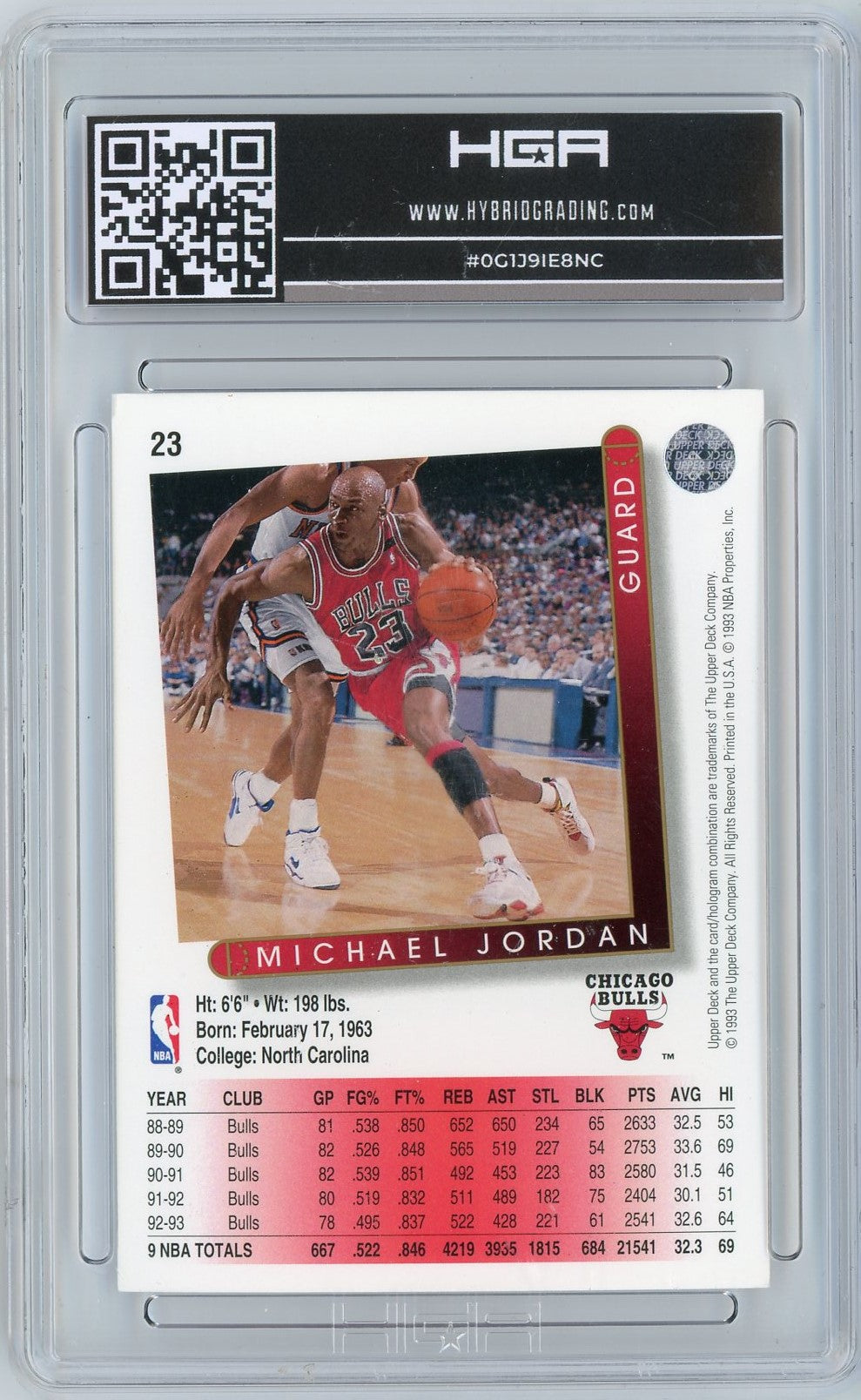 Graded 1993 Upper Deck Michael Jordan #23 Basketball Card HGA 9 Mint