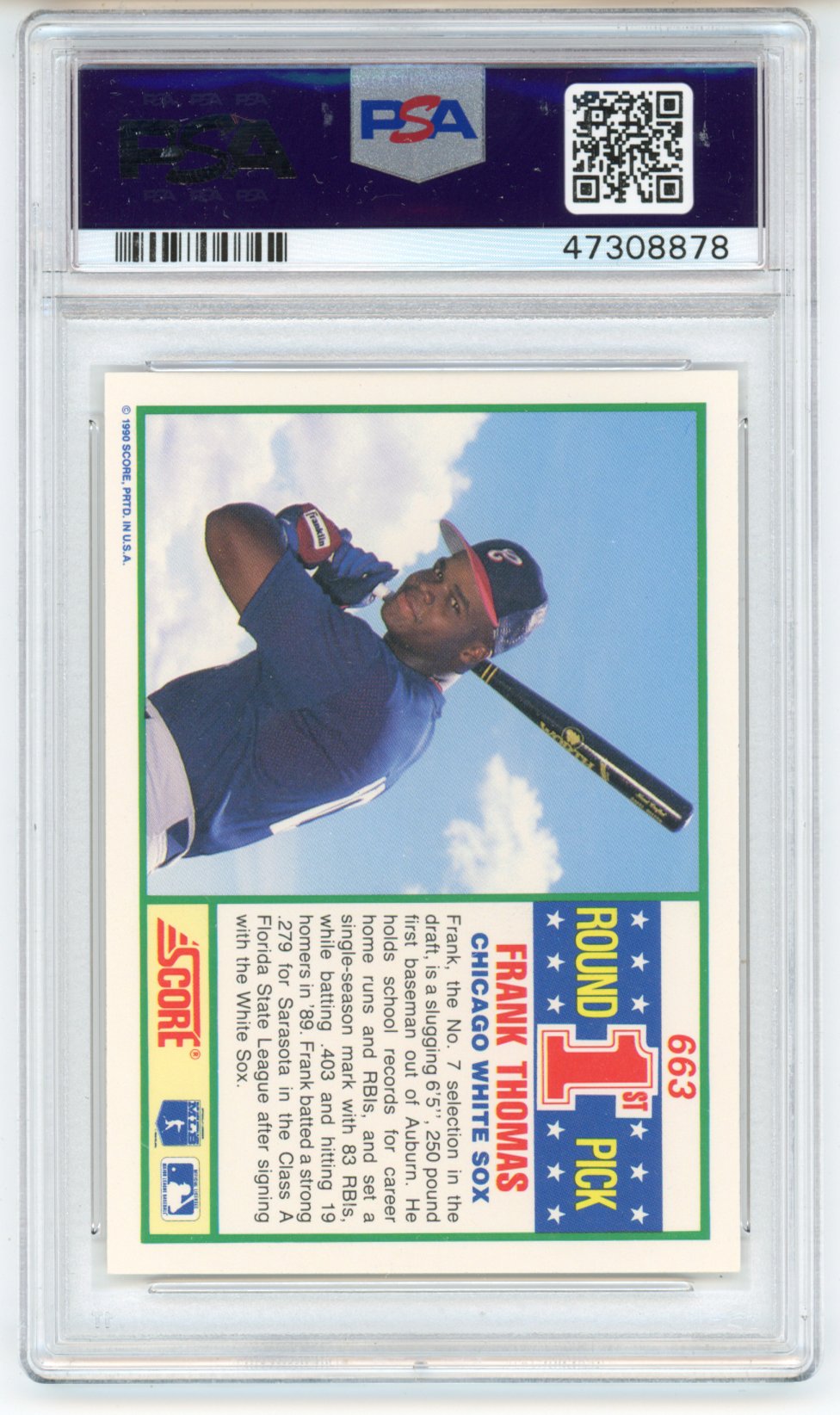 Graded 1990 Score Frank Thomas #663 Rookie RC Baseball Card PSA 10 Gem Mint