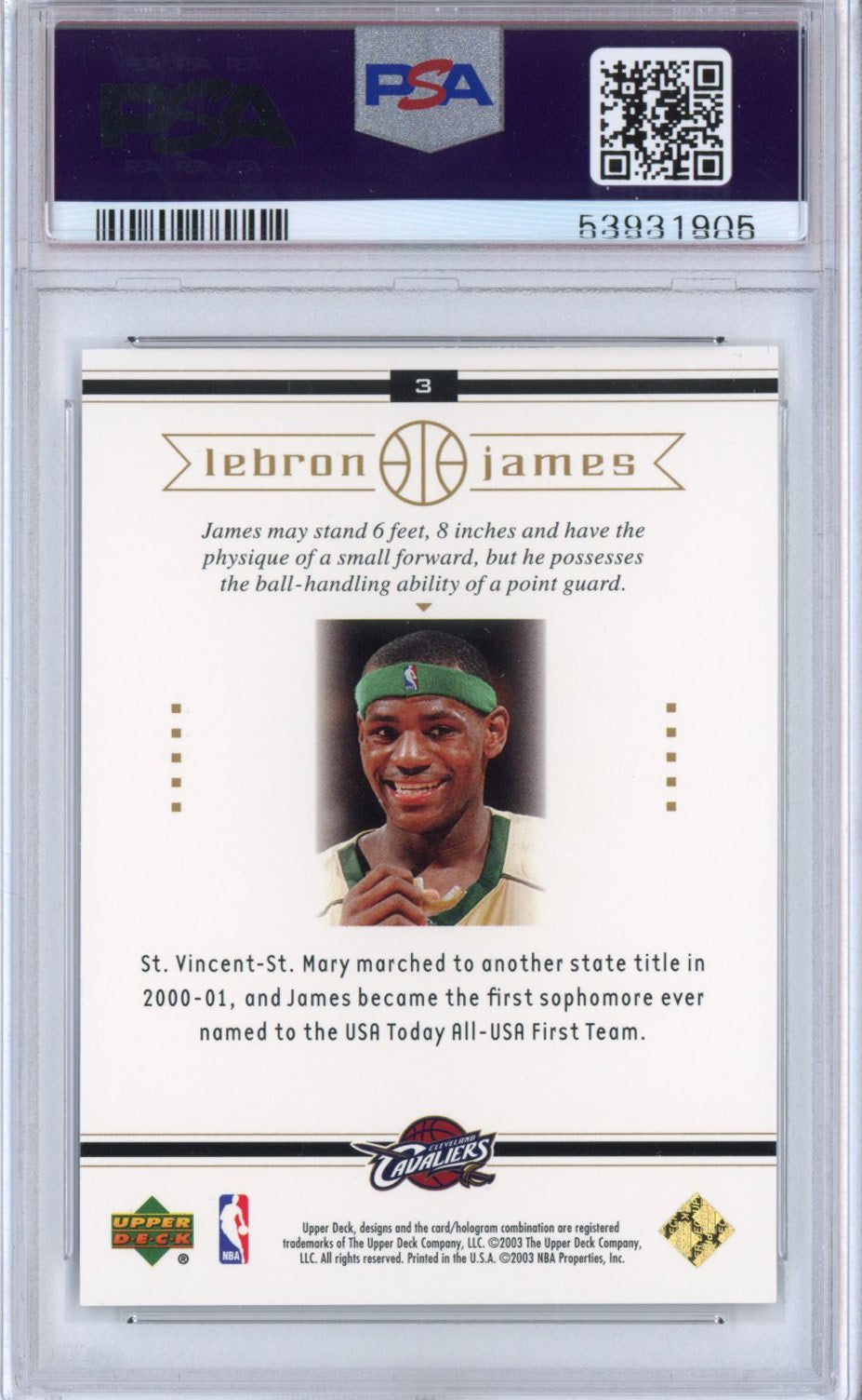 Graded 2003 Upper Deck LeBron James #3 Box Set Rookie RC Basketball Card PSA 10 Gem Mint