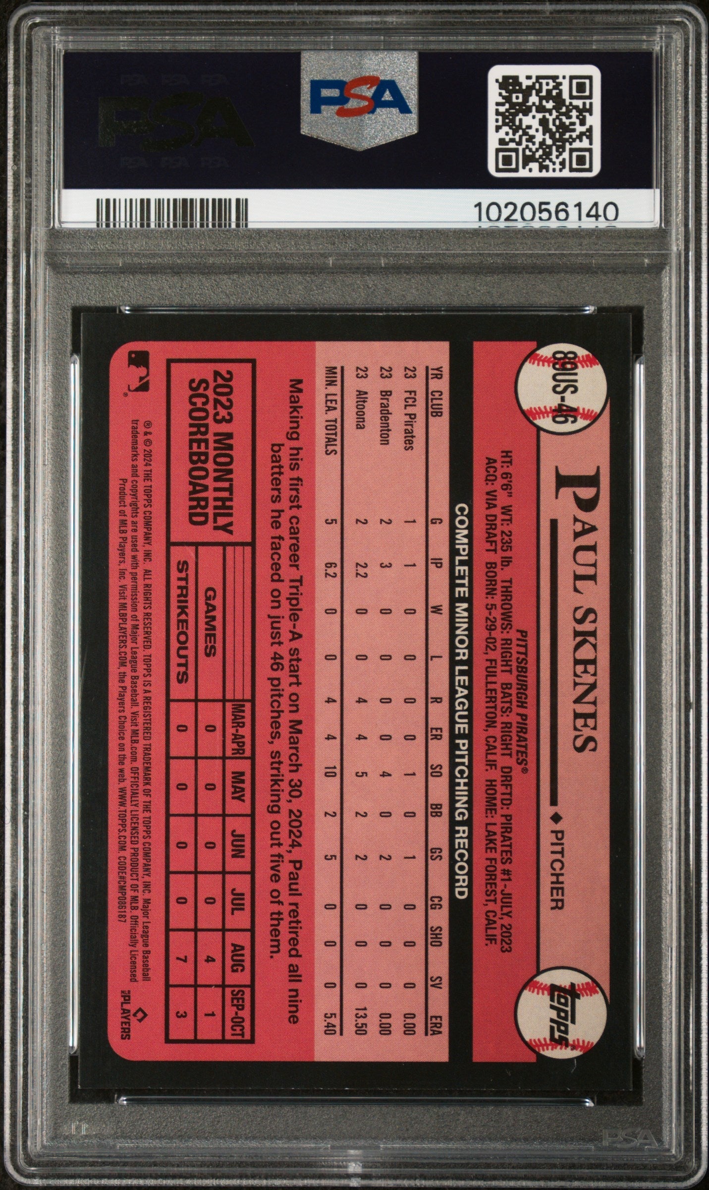 Graded 2024 Topps Update Paul Skenes #46 1989 Topps Rookie RC Baseball Card PSA 10 Gem Mint