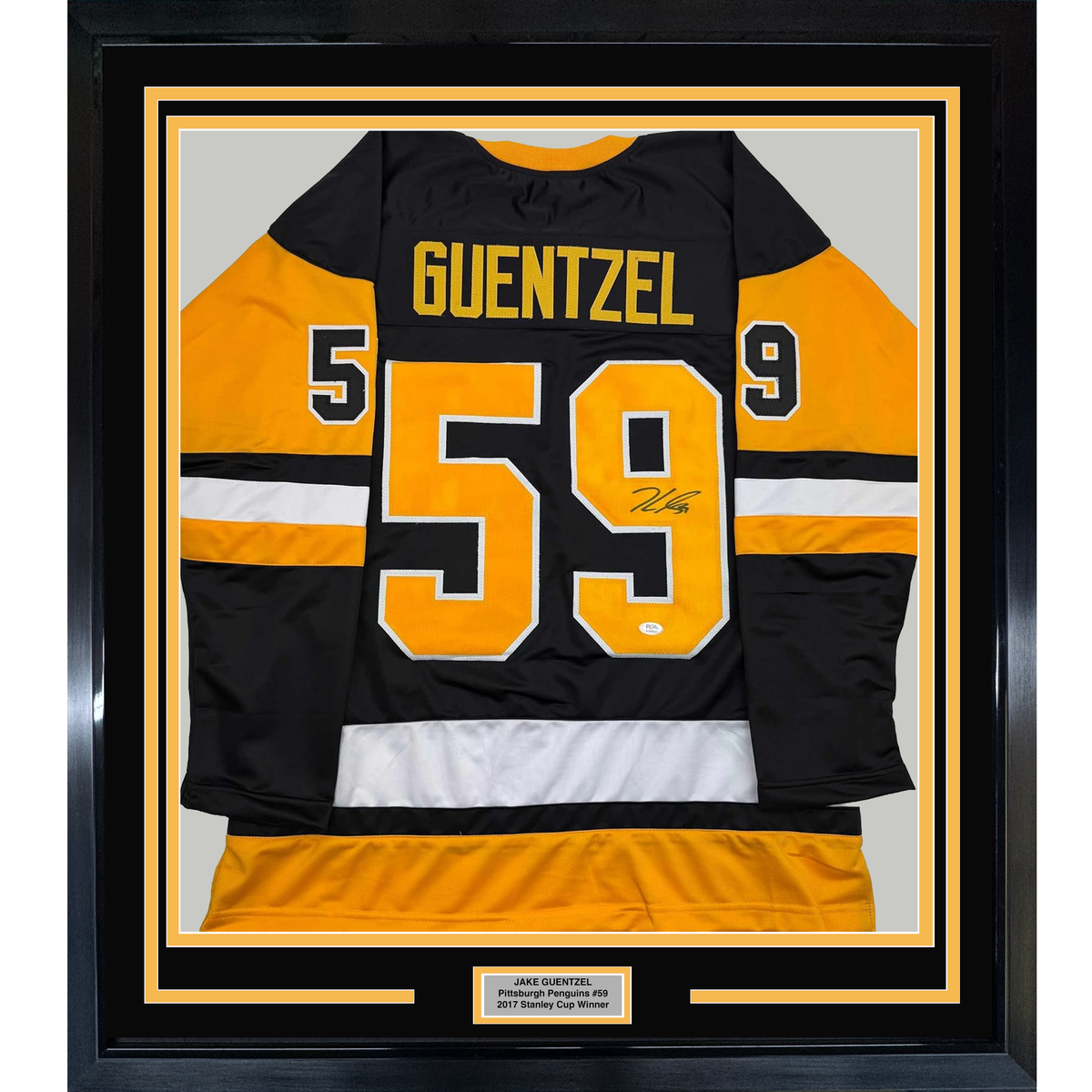 Framed Autographed/Signed Jake Guentzel 35x39 Pittsburgh Black Hockey Jersey JSA COA