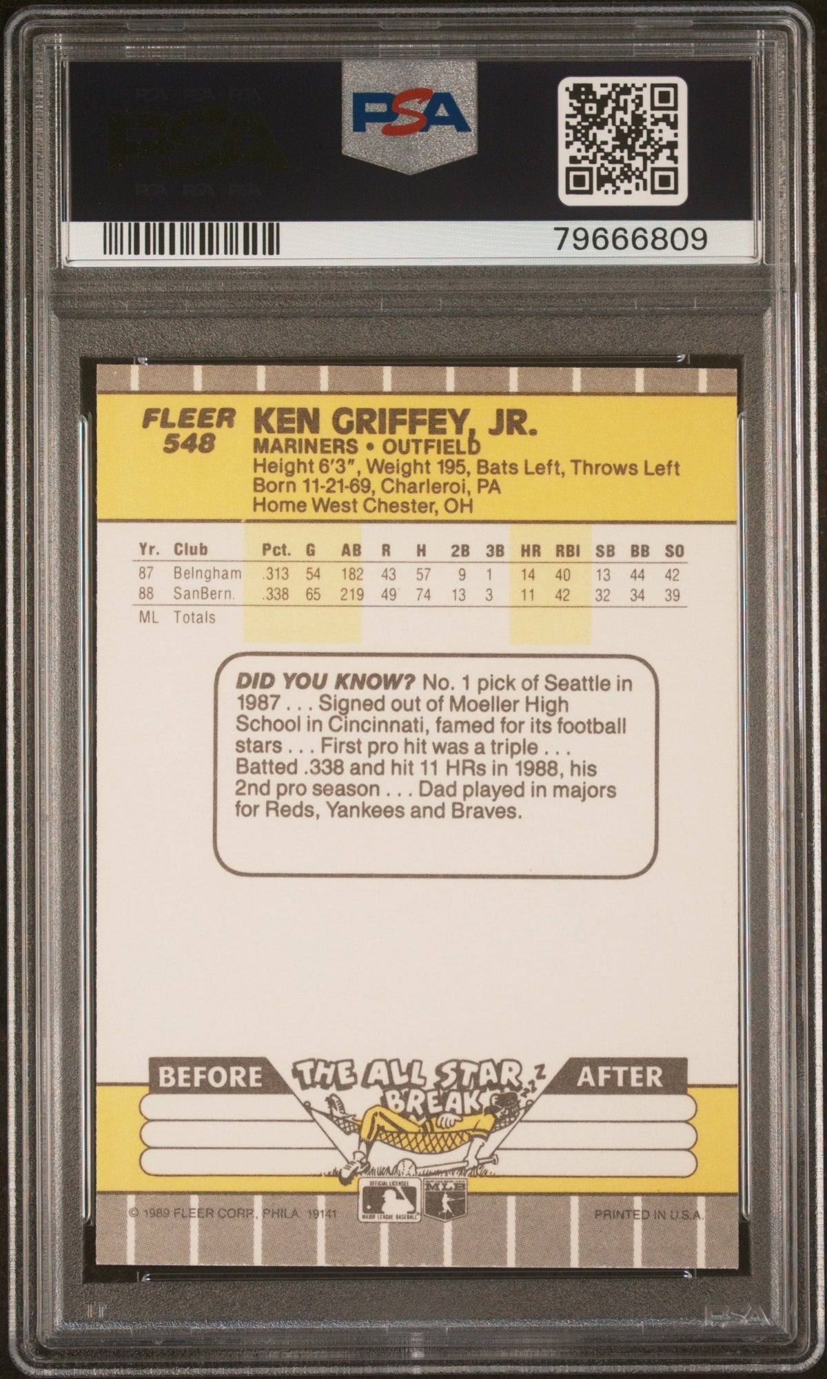 Graded 1989 Fleer Ken Griffey Jr. #548 Rookie RC Baseball Card PSA 10 Auto Grade Gem Mint