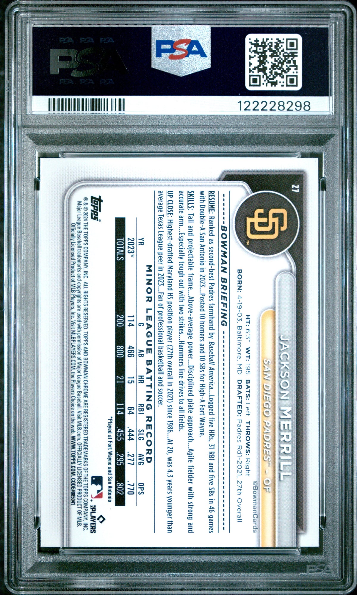 Graded 2024 Topps Bowman Chrome Jackson Merrill #27 Rookie RC Baseball Card PSA 9 Mint
