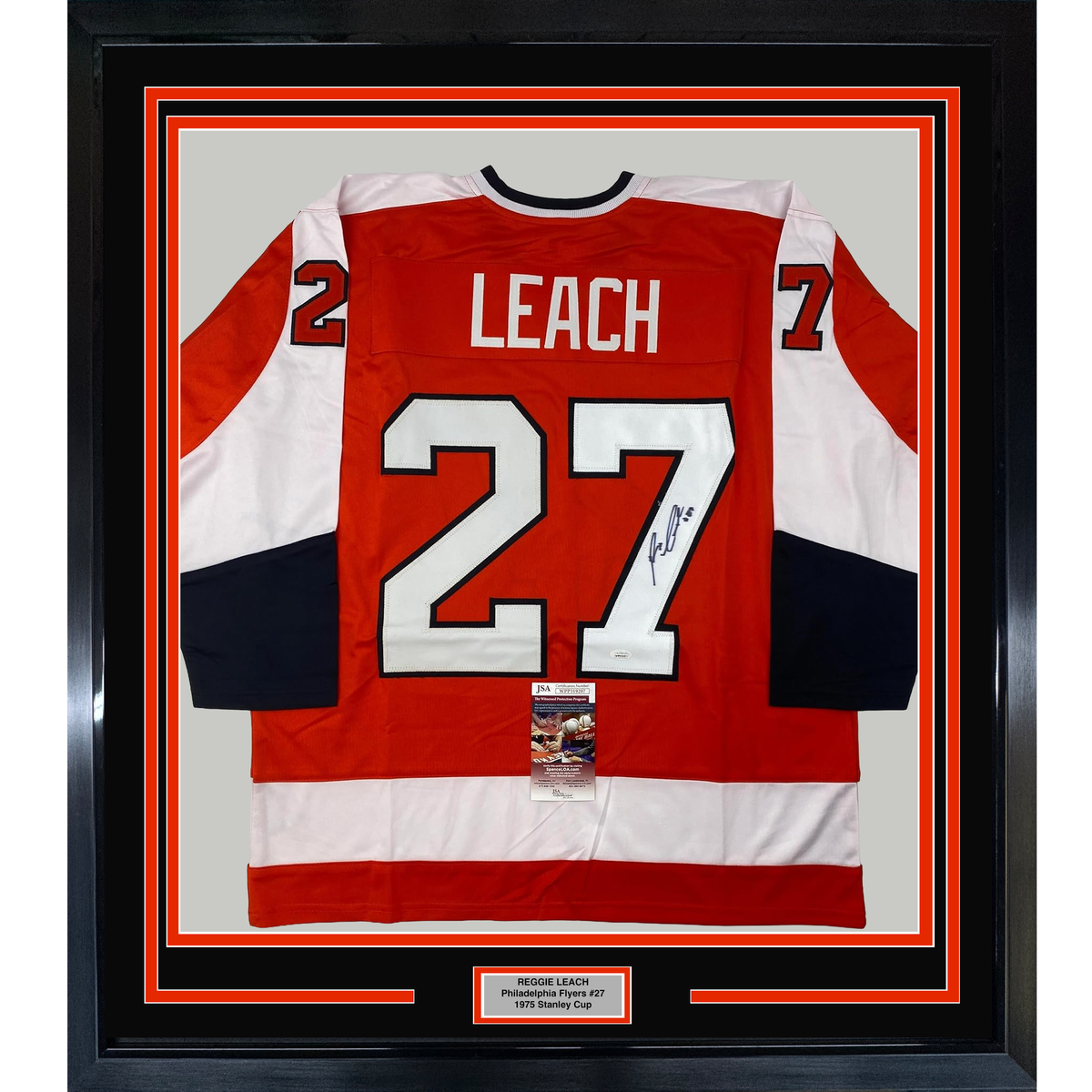Framed Autographed/Signed Reggie Leach 35x39 Philadelphia Orange Hockey Jersey JSA COA