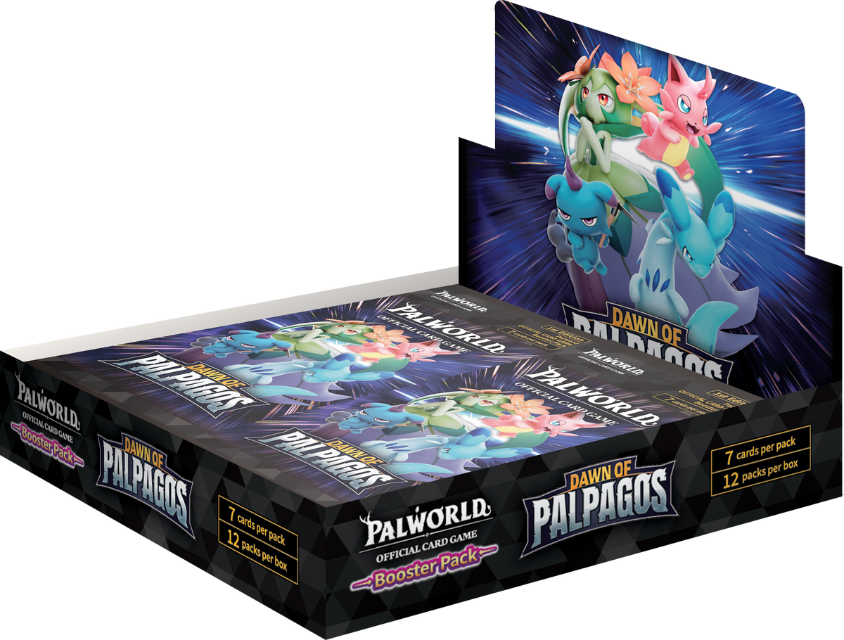 Official Bushiroad product image of the Palworld Dawn of Palpagos booster display containing 12 packs