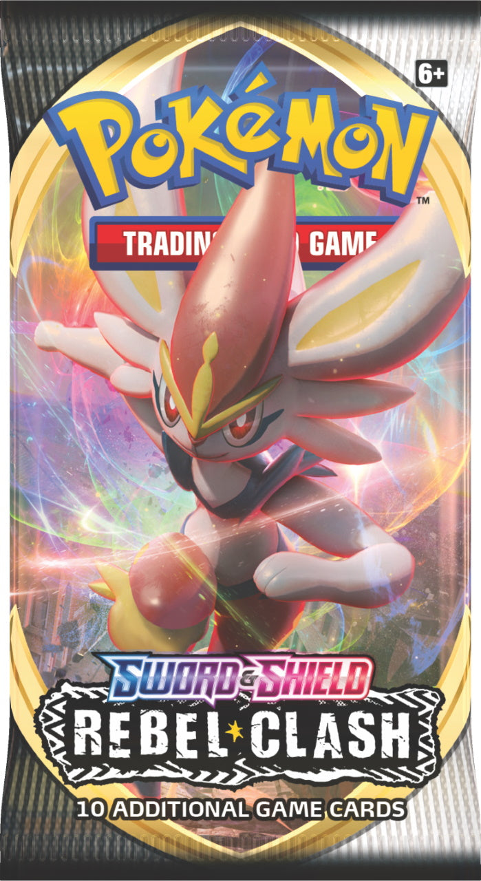 Pokémon Sword & Shield Rebel Clash booster pack featuring Cinderace artwork
