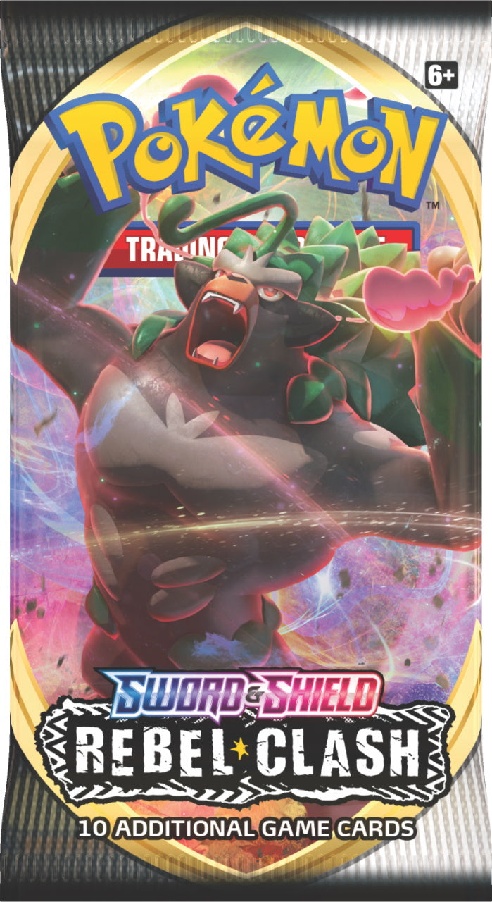 Pokémon Sword & Shield Rebel Clash booster pack featuring Rillaboom artwork