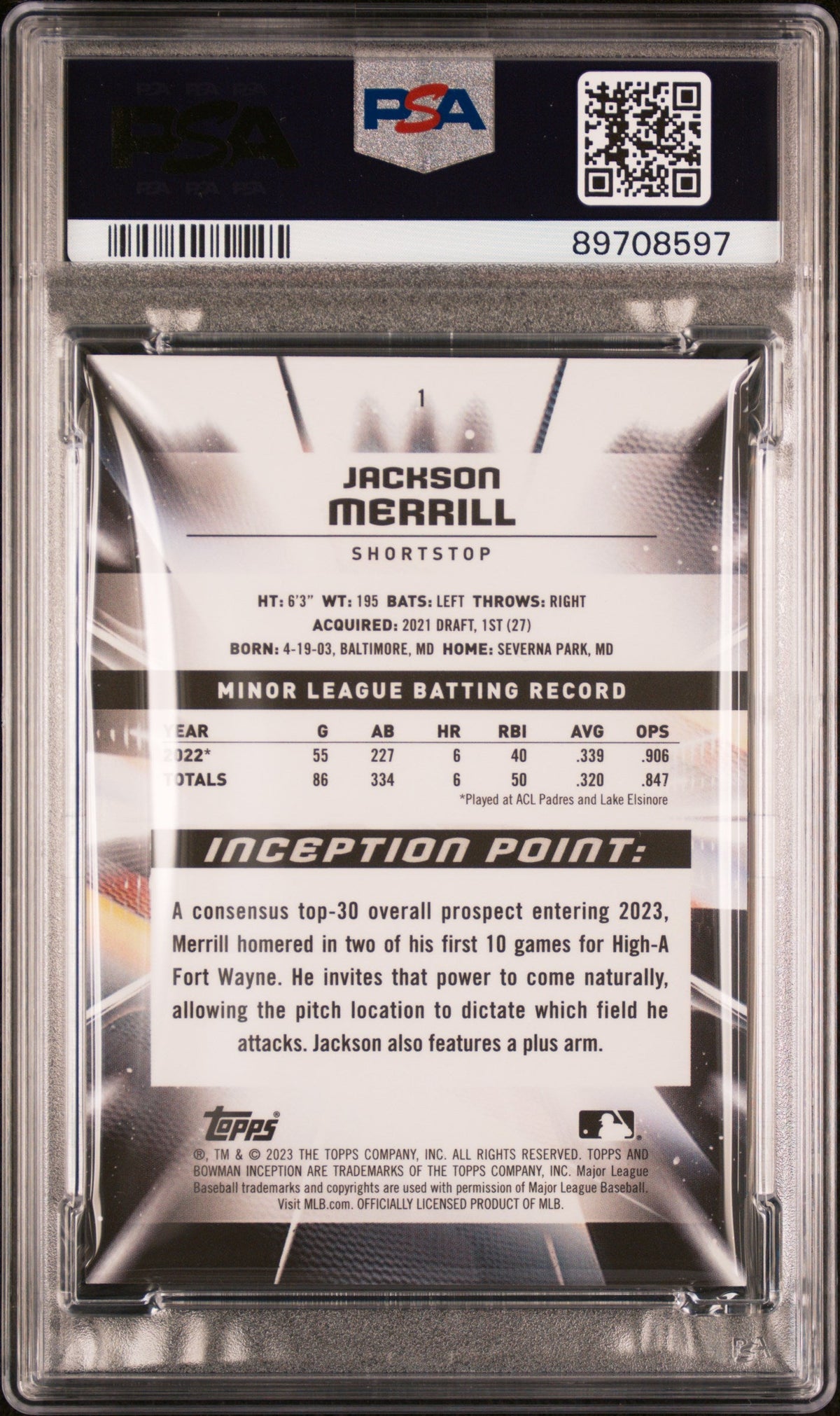 Graded 2023 Topps Bowman Inception Jackson Merrill #1 Rookie RC Baseball Card PSA 10 Gem Mint