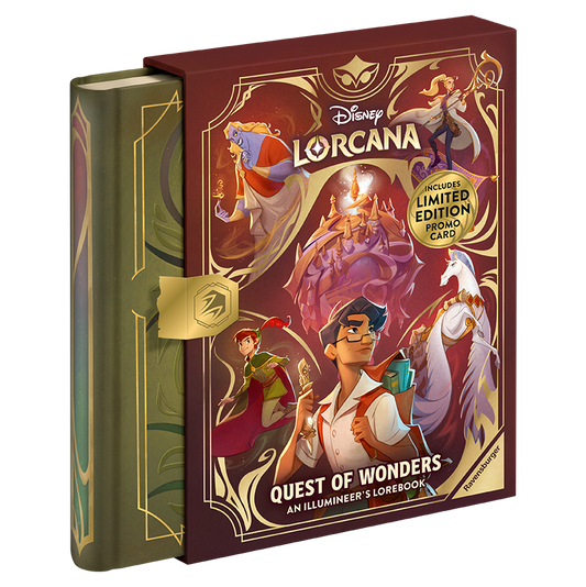 Disney Lorcana Quest of Wonders: An Illumineer's Lorebook hardcover and illustrated slipcase with limited-edition promo card notice