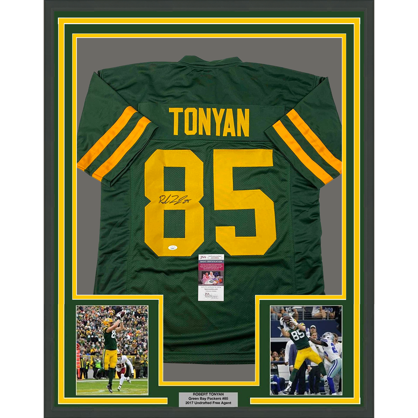 Framed Autographed/Signed Robert Tonyan 35x39 Green Bay Color Rush Green Football Jersey JSA COA
