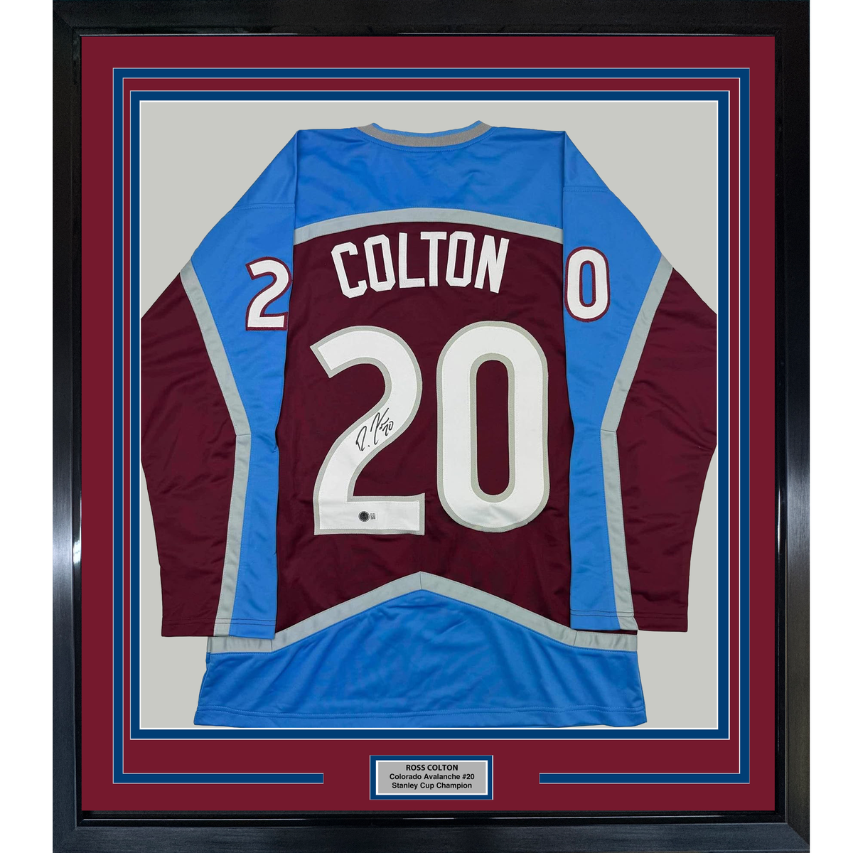 Framed Autographed/Signed Ross Colton 35x39 Colorado Maroon Hockey Jersey Beckett BAS COA
