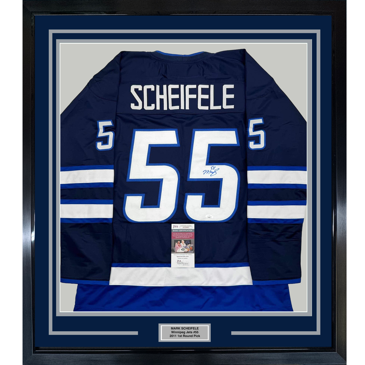 Framed Autographed/Signed Mark Scheifele 35x39 Winnipeg Blue Hockey Jersey JSA COA