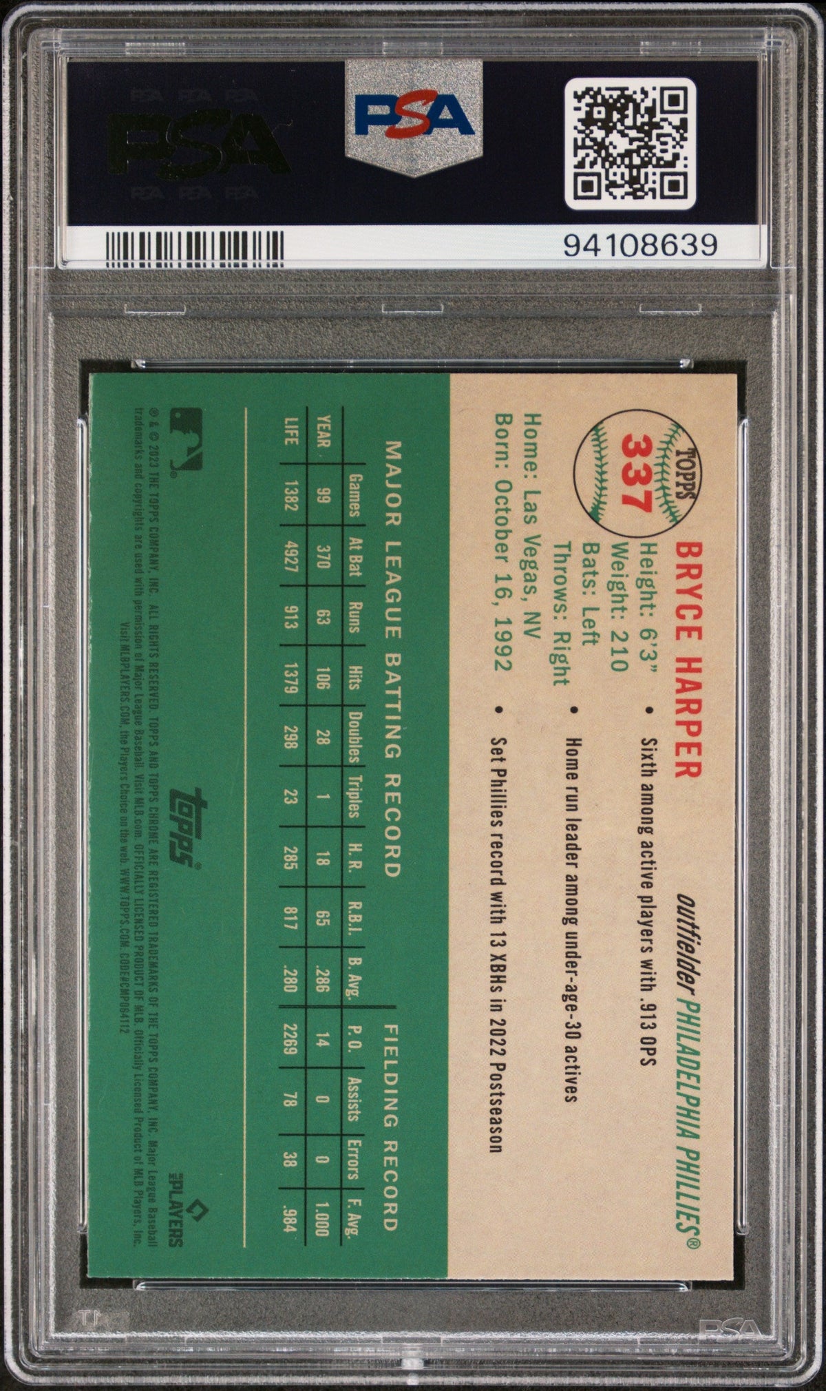 Graded 2023 Topps Platinum Anniversary Bryce Harper #337 Baseball Card PSA 10 Gem Mint